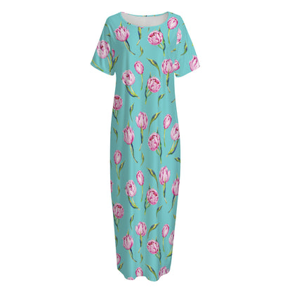 Pink Watercolor Tulip Pattern Print Short Sleeve Long Nightdress