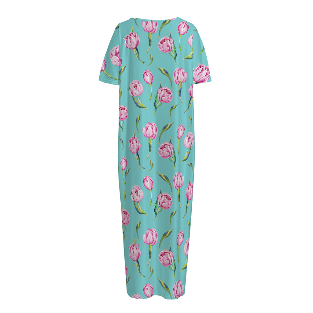 Pink Watercolor Tulip Pattern Print Short Sleeve Long Nightdress