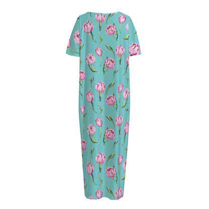 Pink Watercolor Tulip Pattern Print Short Sleeve Long Nightdress