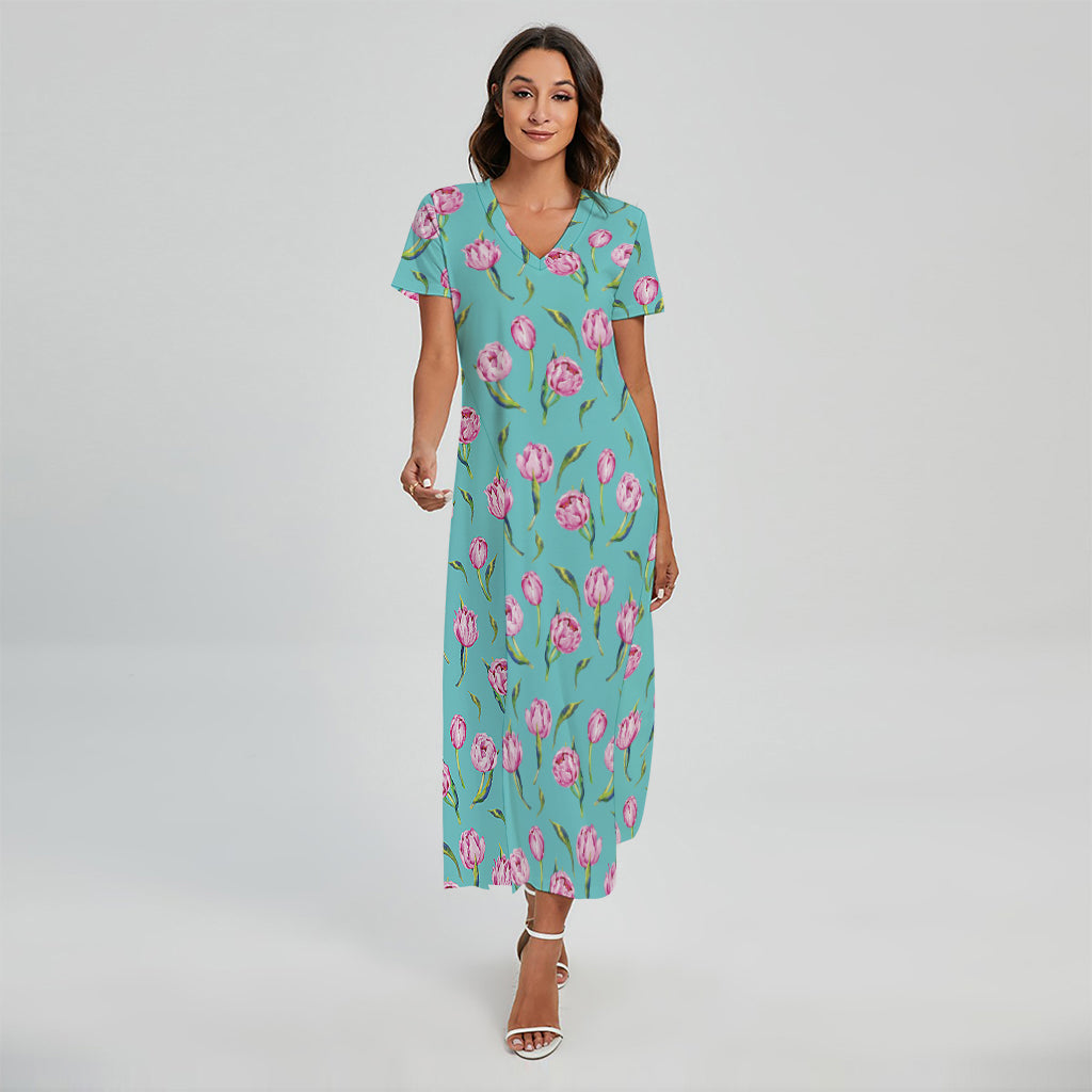 Pink Watercolor Tulip Pattern Print Short Sleeve Maxi Dress