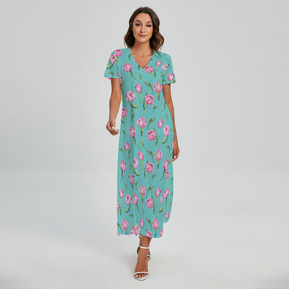 Pink Watercolor Tulip Pattern Print Short Sleeve Maxi Dress