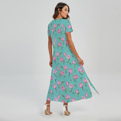 Pink Watercolor Tulip Pattern Print Short Sleeve Maxi Dress