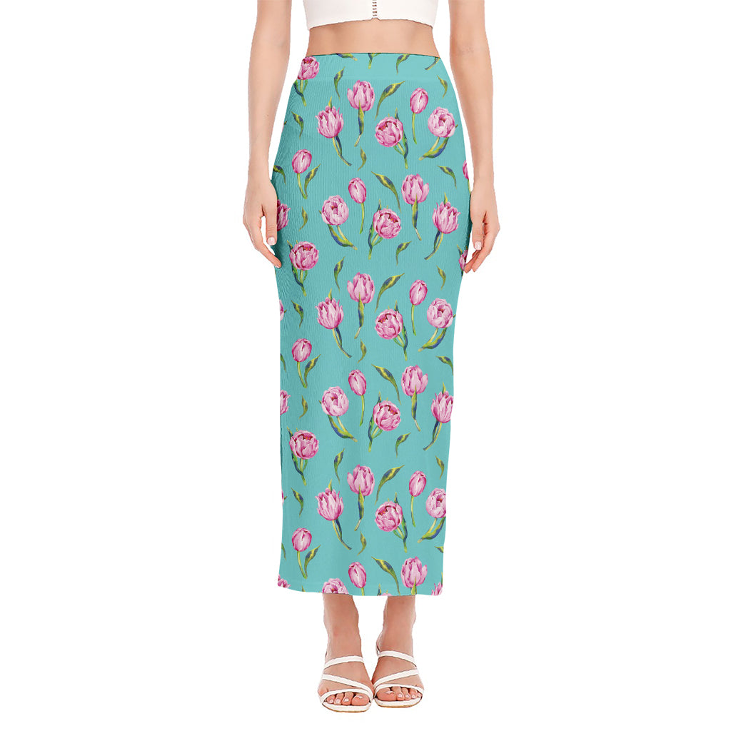 Pink Watercolor Tulip Pattern Print Side Slit Maxi Skirt