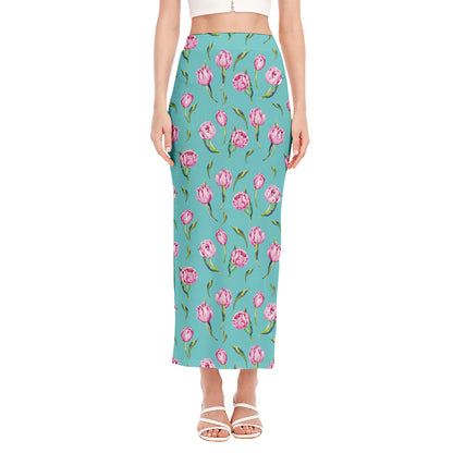 Pink Watercolor Tulip Pattern Print Side Slit Maxi Skirt