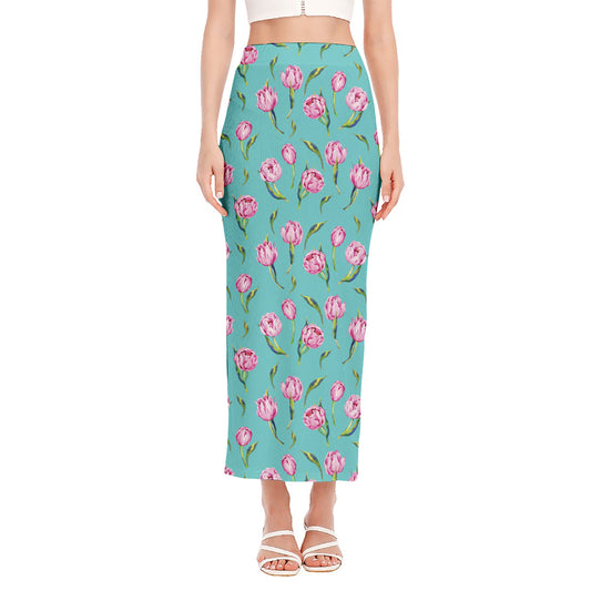 Pink Watercolor Tulip Pattern Print Side Slit Maxi Skirt