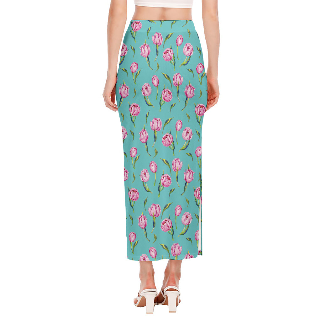 Pink Watercolor Tulip Pattern Print Side Slit Maxi Skirt