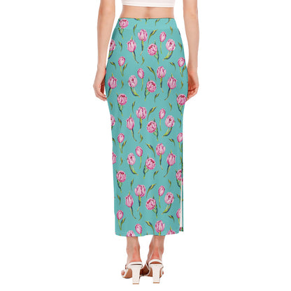 Pink Watercolor Tulip Pattern Print Side Slit Maxi Skirt