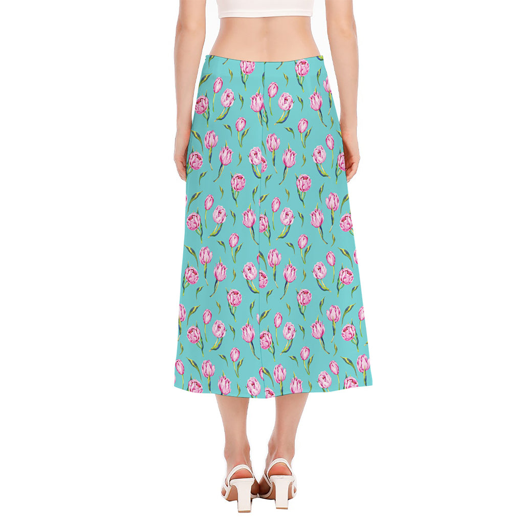 Pink Watercolor Tulip Pattern Print Side Slit Midi Skirt