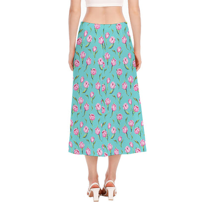 Pink Watercolor Tulip Pattern Print Side Slit Midi Skirt