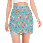Pink Watercolor Tulip Pattern Print Side Slit Mini Skirt