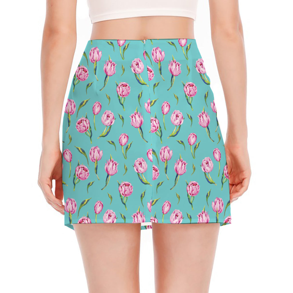 Pink Watercolor Tulip Pattern Print Side Slit Mini Skirt