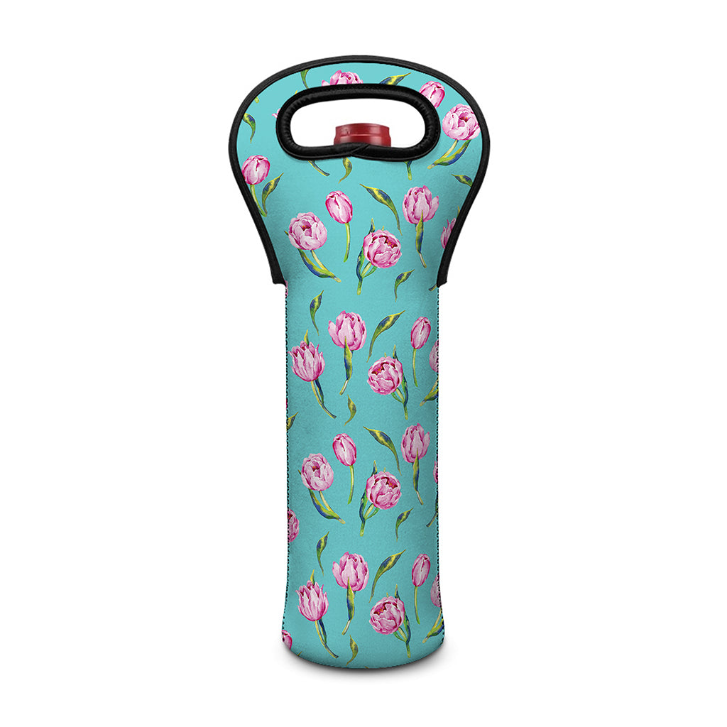 Pink Watercolor Tulip Pattern Print Single Neoprene Wine Tote