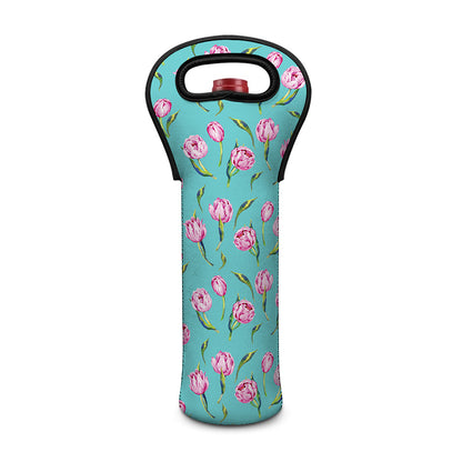 Pink Watercolor Tulip Pattern Print Single Neoprene Wine Tote