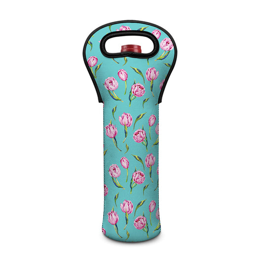 Pink Watercolor Tulip Pattern Print Single Neoprene Wine Tote