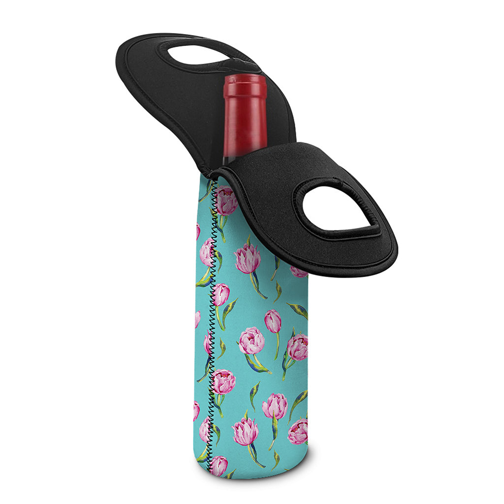 Pink Watercolor Tulip Pattern Print Single Neoprene Wine Tote