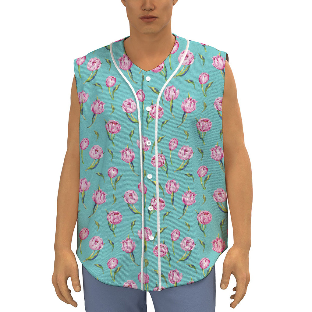 Pink Watercolor Tulip Pattern Print Sleeveless Baseball Jersey