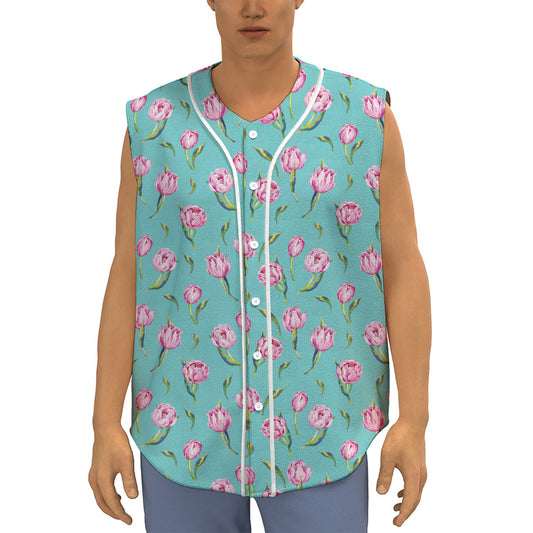 Pink Watercolor Tulip Pattern Print Sleeveless Baseball Jersey
