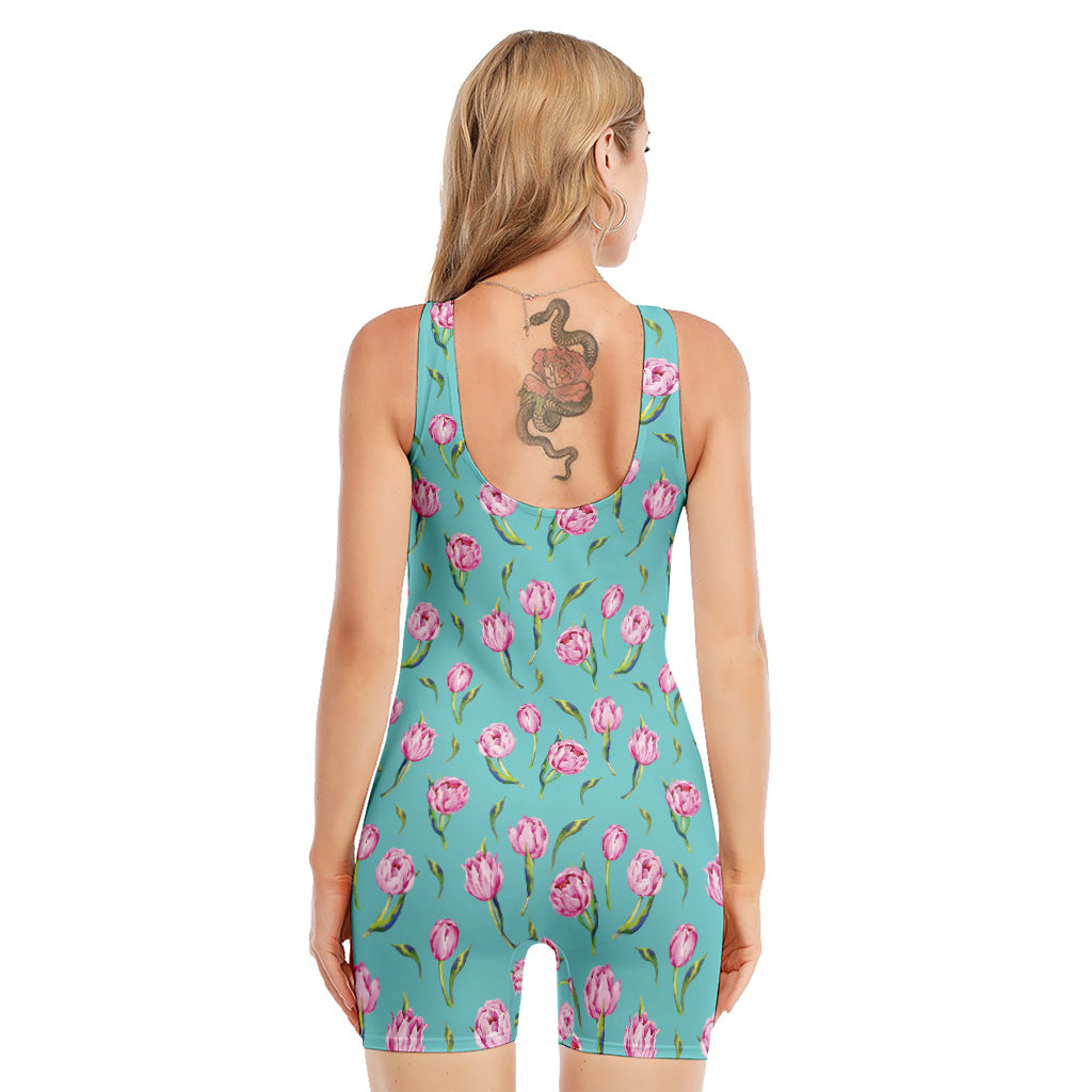 Pink Watercolor Tulip Pattern Print Sleeveless One Piece Swimsuit