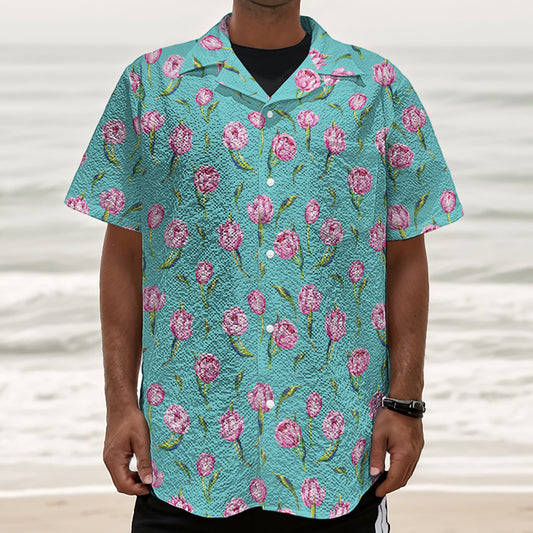Pink Watercolor Tulip Pattern Print Textured Short Sleeve Shirt