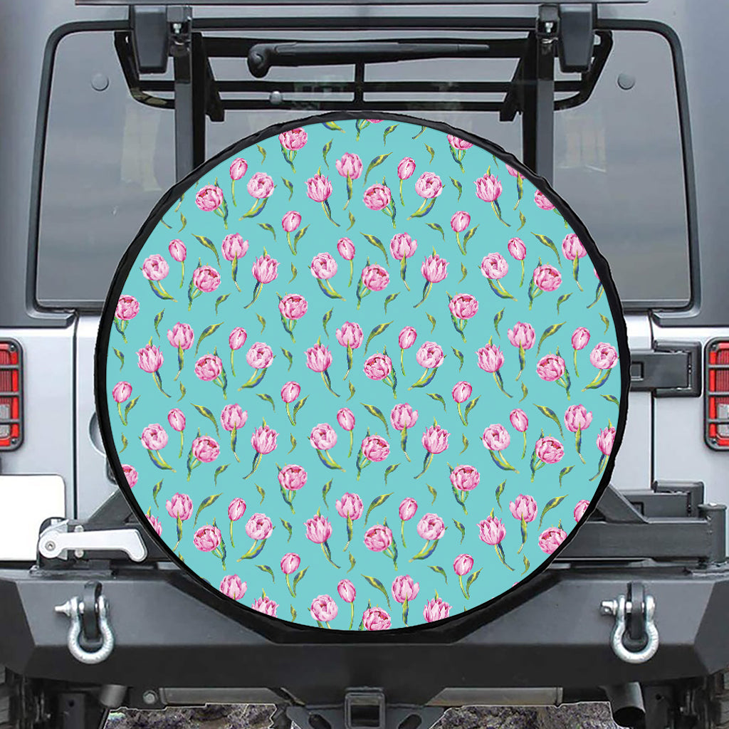 Pink Watercolor Tulip Pattern Print Tire Cover