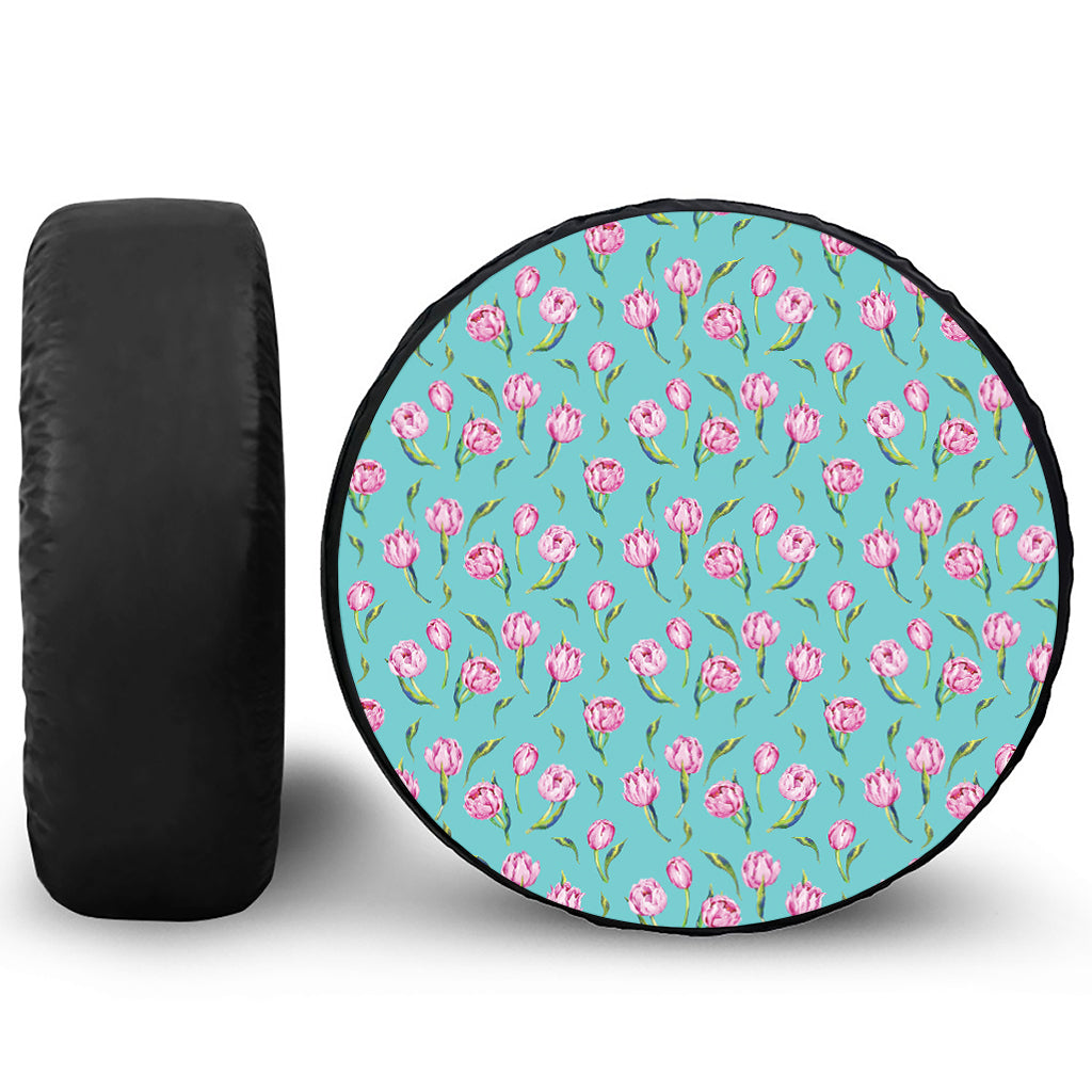 Pink Watercolor Tulip Pattern Print Tire Cover