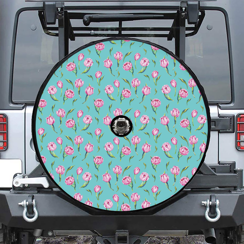 Pink Watercolor Tulip Pattern Print Tire Cover With Camera Hole