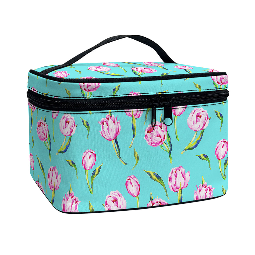Pink Watercolor Tulip Pattern Print Travel Makeup Bag