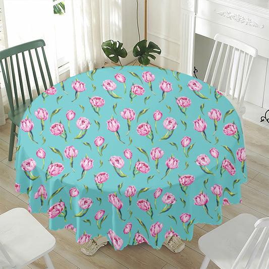 Pink Watercolor Tulip Pattern Print Waterproof Round Tablecloth