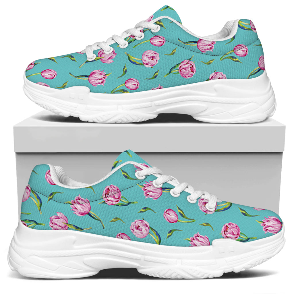 Pink Watercolor Tulip Pattern Print White Chunky Shoes