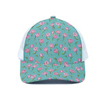 Pink Watercolor Tulip Pattern Print White Mesh Trucker Cap