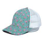 Pink Watercolor Tulip Pattern Print White Mesh Trucker Cap