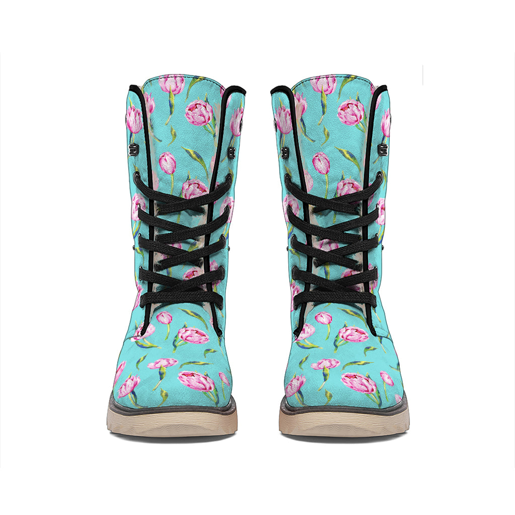 Pink Watercolor Tulip Pattern Print Winter Boots