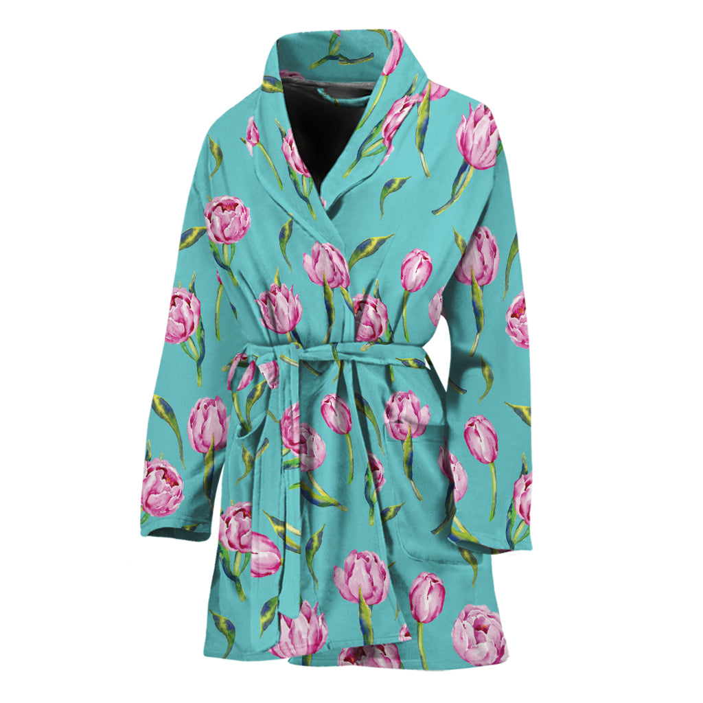 Pink Watercolor Tulip Pattern Print Women's Bathrobe