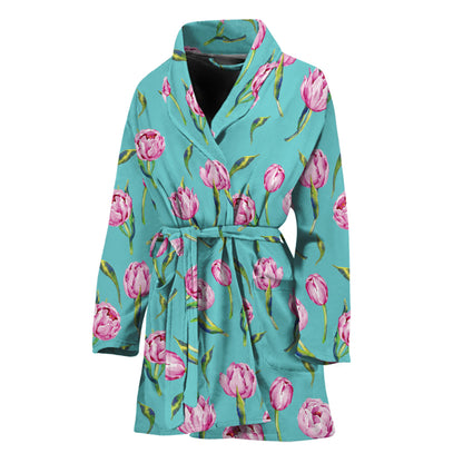Pink Watercolor Tulip Pattern Print Women's Bathrobe