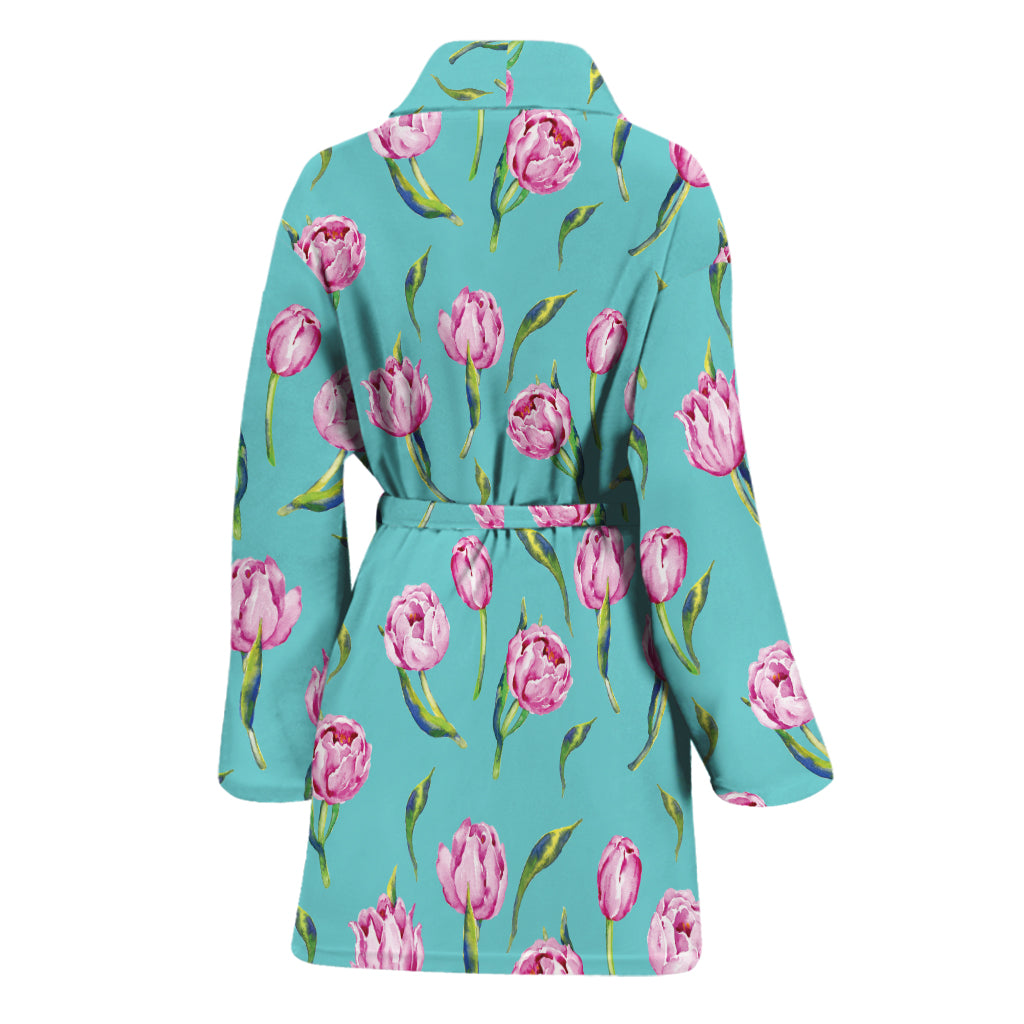 Pink Watercolor Tulip Pattern Print Women's Bathrobe
