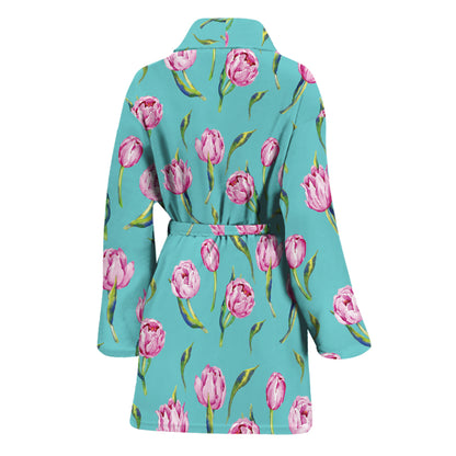 Pink Watercolor Tulip Pattern Print Women's Bathrobe