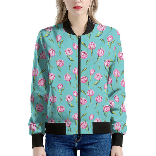 Pink Watercolor Tulip Pattern Print Women's Bomber Jacket