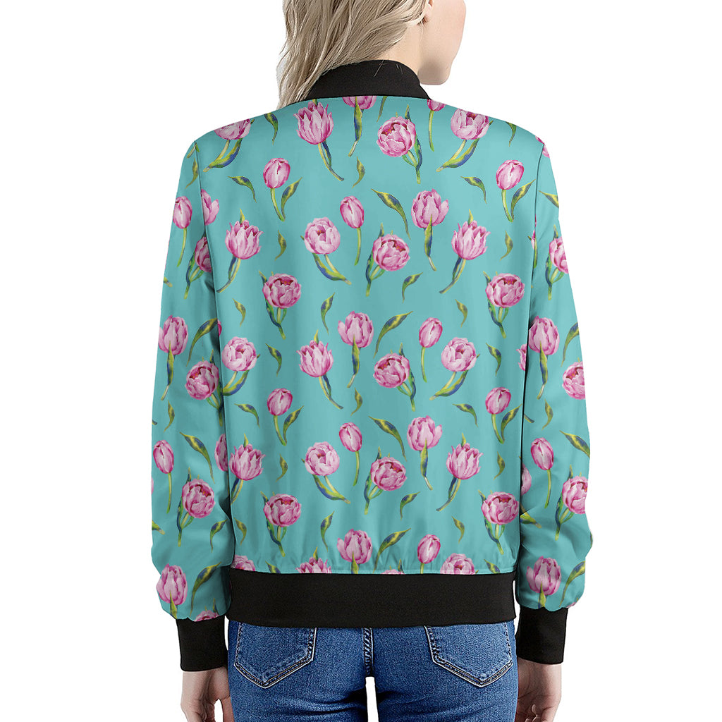 Pink Watercolor Tulip Pattern Print Women's Bomber Jacket