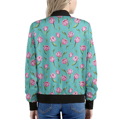 Pink Watercolor Tulip Pattern Print Women's Bomber Jacket