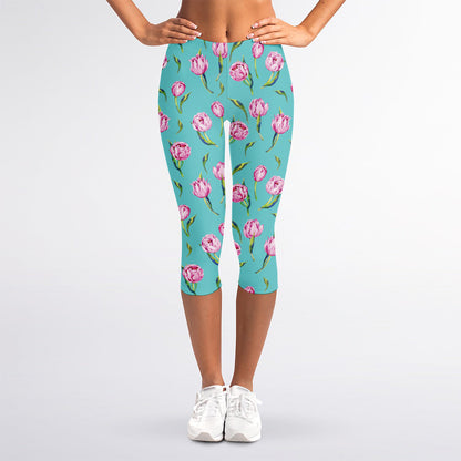 Pink Watercolor Tulip Pattern Print Women's Capri Leggings