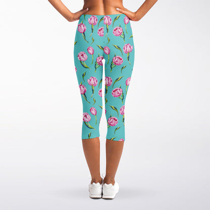 Pink Watercolor Tulip Pattern Print Women's Capri Leggings
