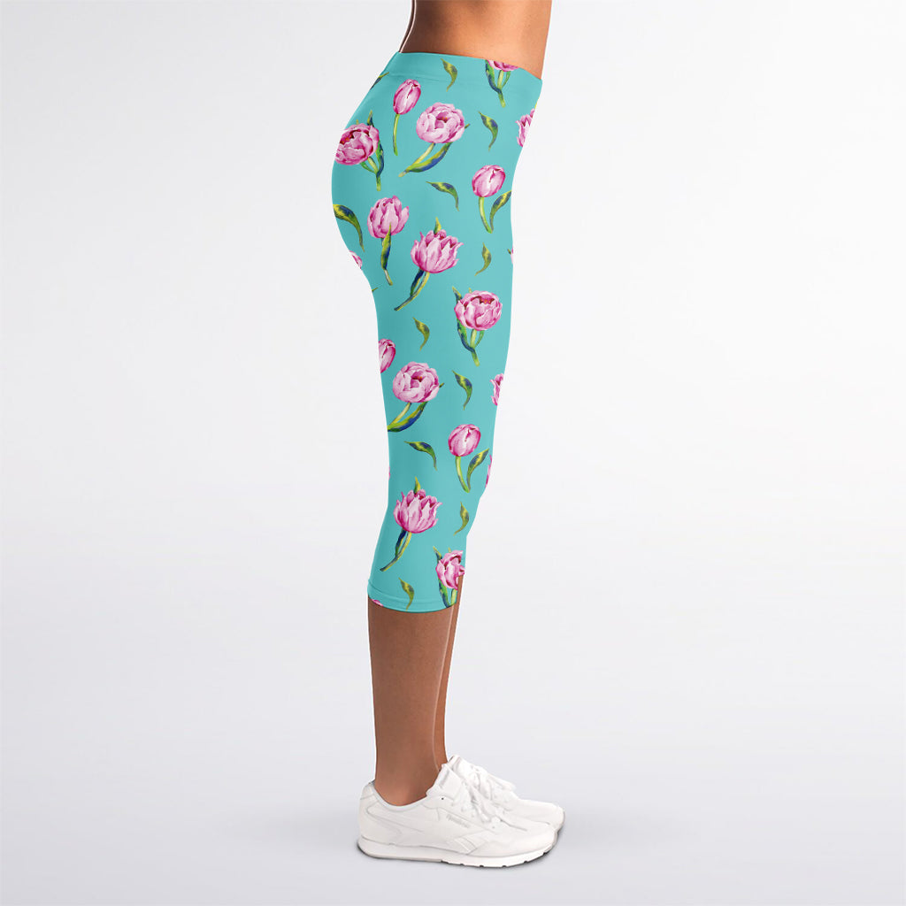 Pink Watercolor Tulip Pattern Print Women's Capri Leggings