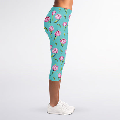 Pink Watercolor Tulip Pattern Print Women's Capri Leggings