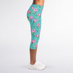 Pink Watercolor Tulip Pattern Print Women's Capri Leggings