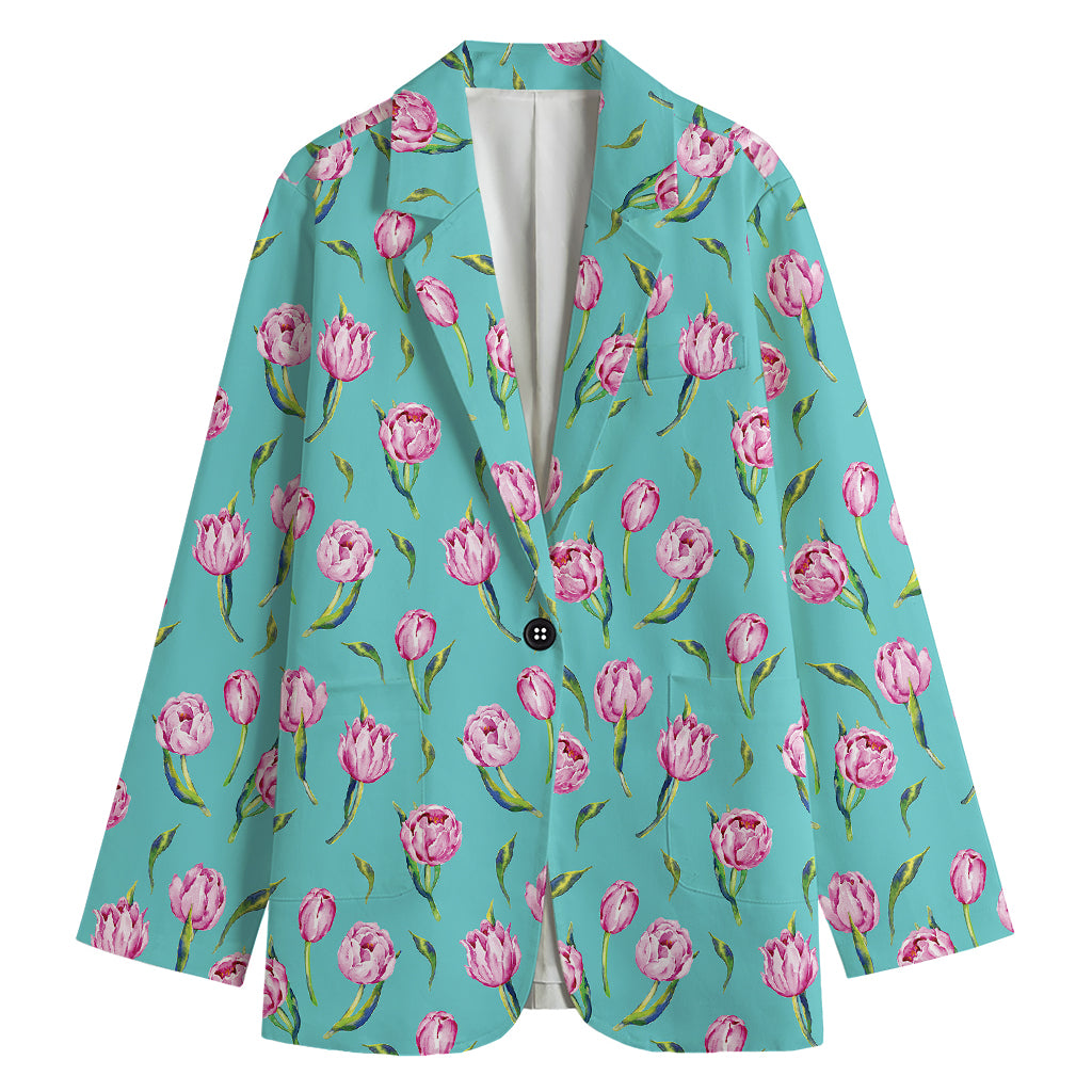 Pink Watercolor Tulip Pattern Print Women's Cotton Blazer