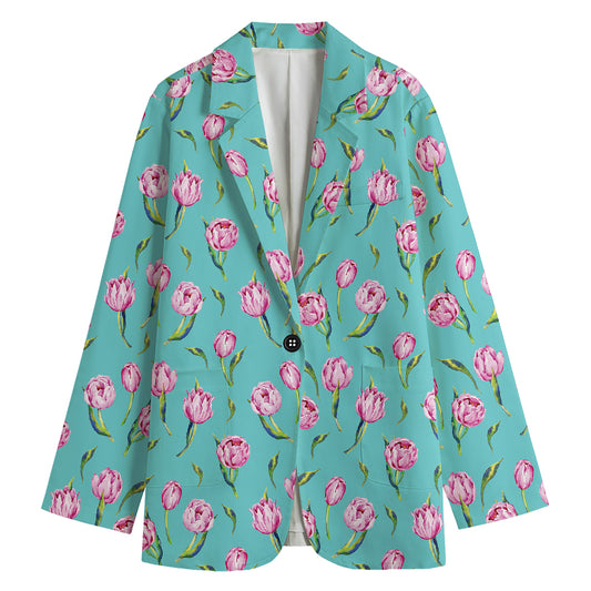 Pink Watercolor Tulip Pattern Print Women's Cotton Blazer