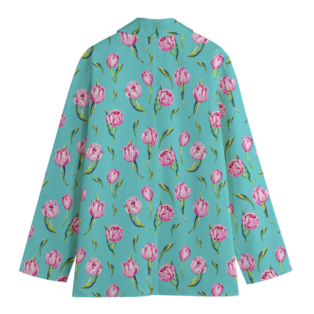 Pink Watercolor Tulip Pattern Print Women's Cotton Blazer