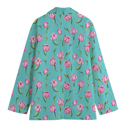 Pink Watercolor Tulip Pattern Print Women's Cotton Blazer