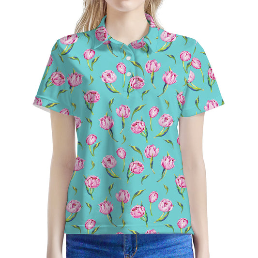 Pink Watercolor Tulip Pattern Print Women's Polo Shirt
