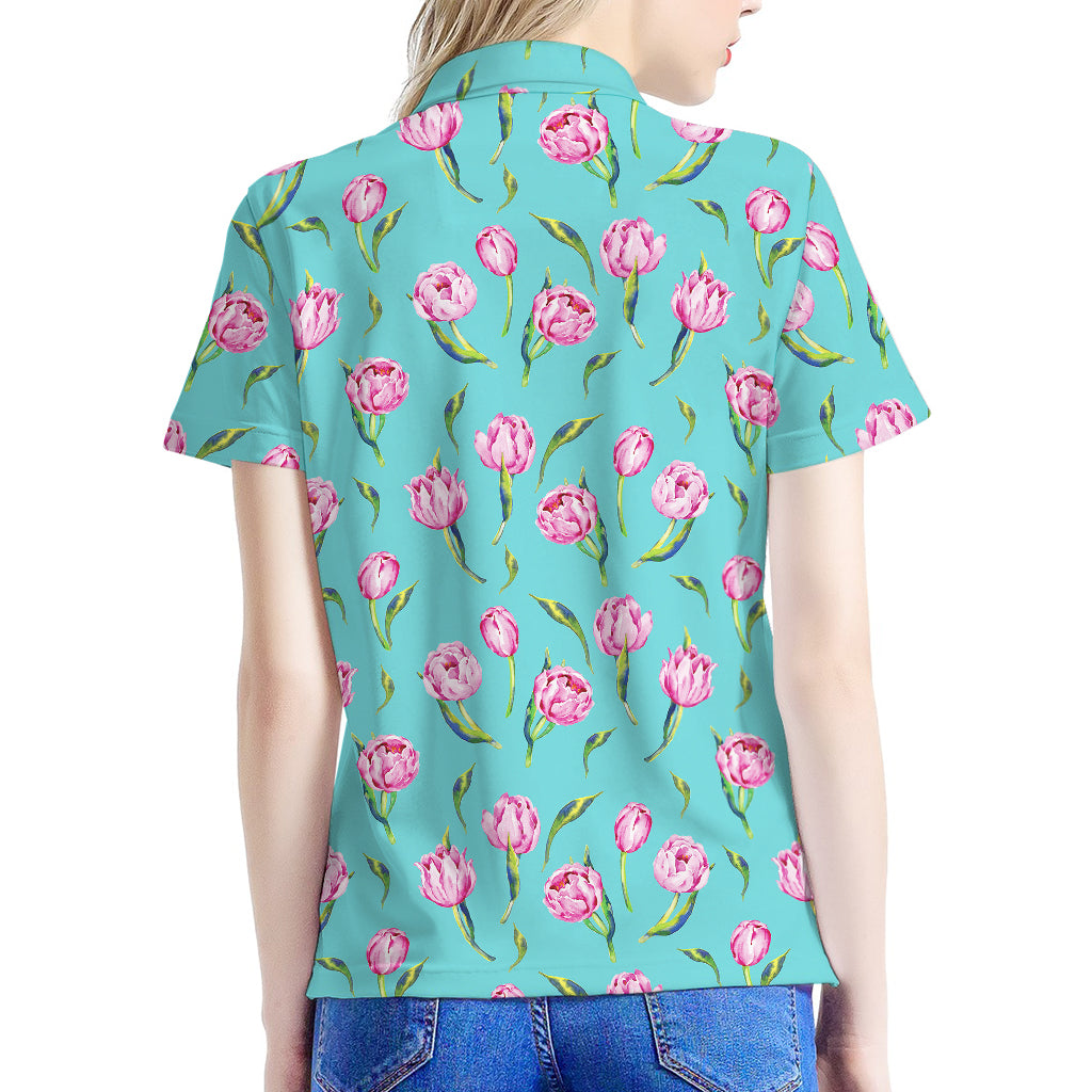 Pink Watercolor Tulip Pattern Print Women's Polo Shirt